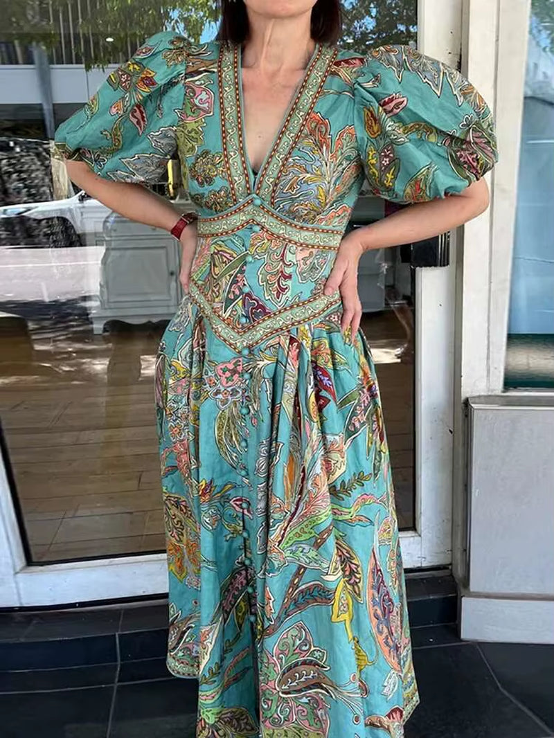 Timeless Grace: Vintage Lantern Sleeve V Neck Maxi Dress