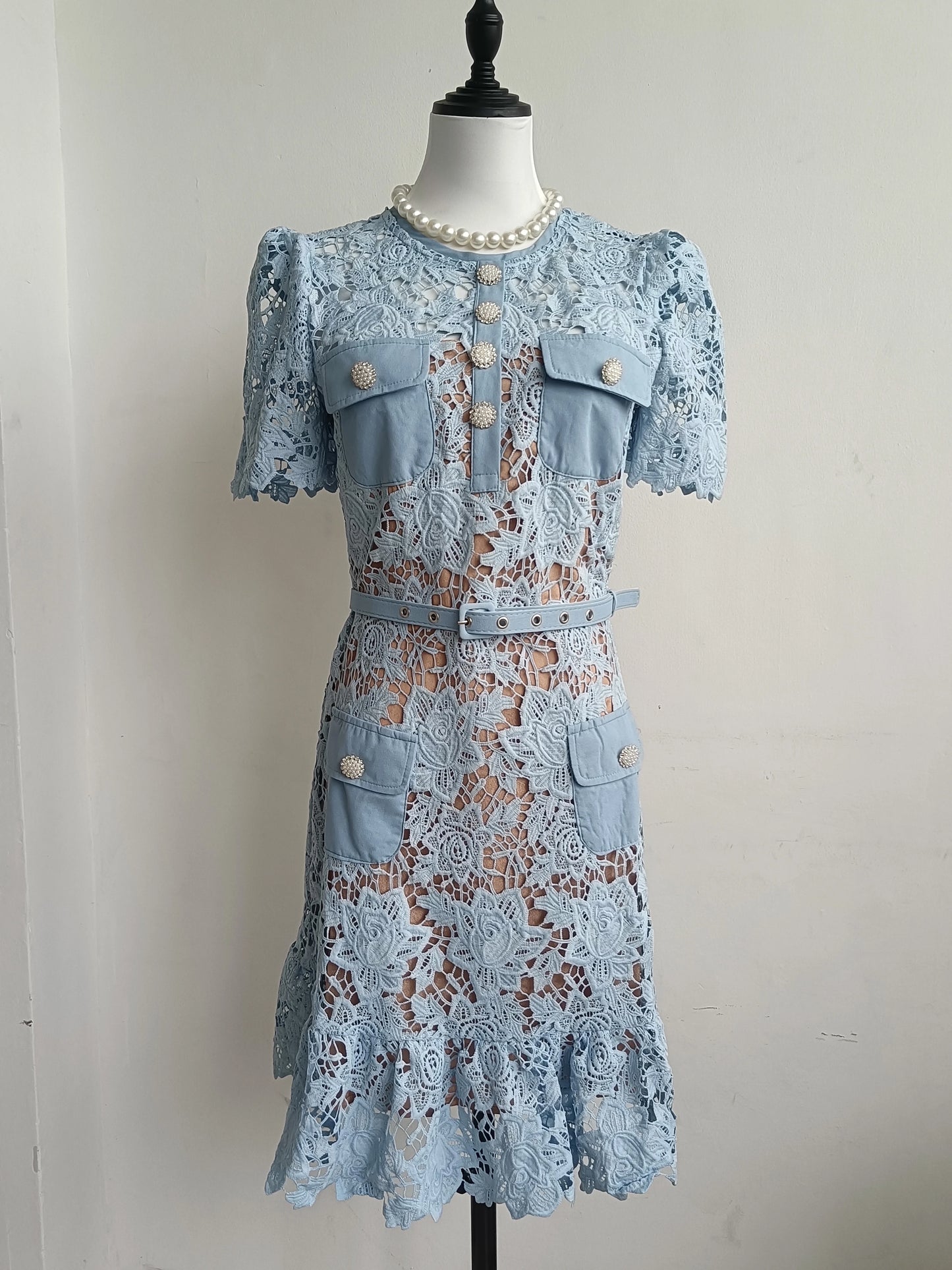 Elegant Summer Lace Dress for Women with Floral Embroidery, Diamond Buttons, Belted Waist, and Ruffle