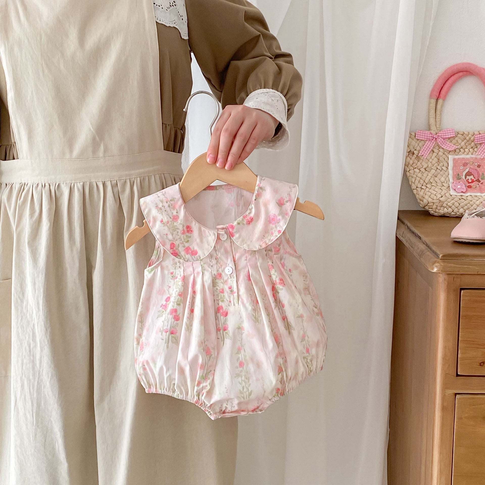 High Quality Summer Baby Kids Girls Floral Pattern Sleeveless Countryside Style Onesies-0