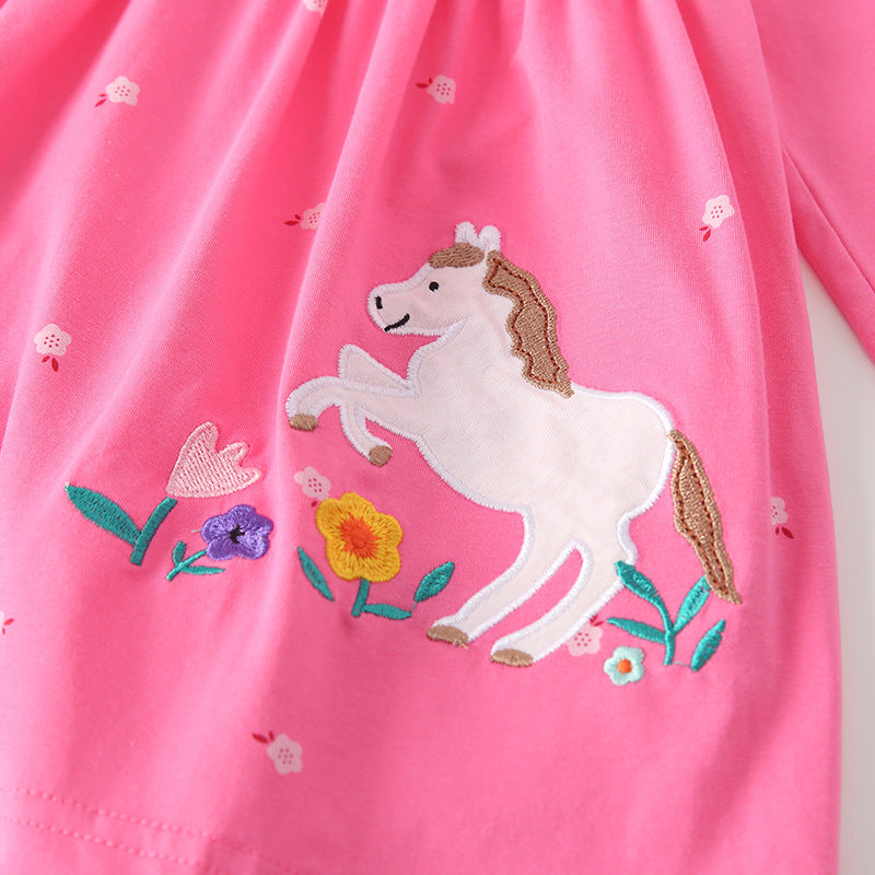 Autumn Arrival Baby Kids Girls Floral and Horse Pattern Long Sleeves Crew Neck Dress-2
