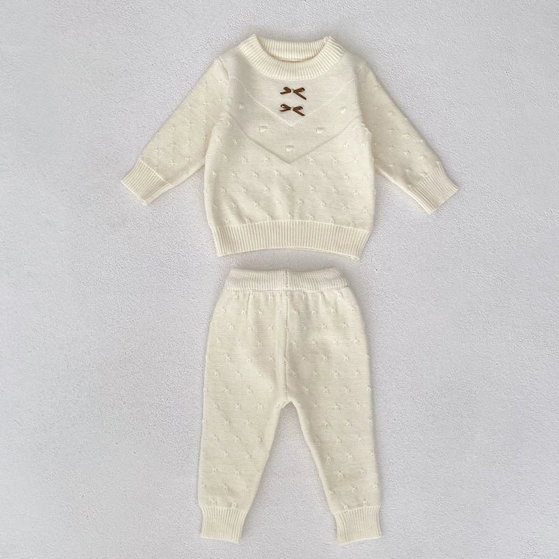 Arrival Autumn Baby Unisex Long Sleeves Solid Color Jacquard Pattern Knitted Top Sweater and Long Trousers Clothing Set-3