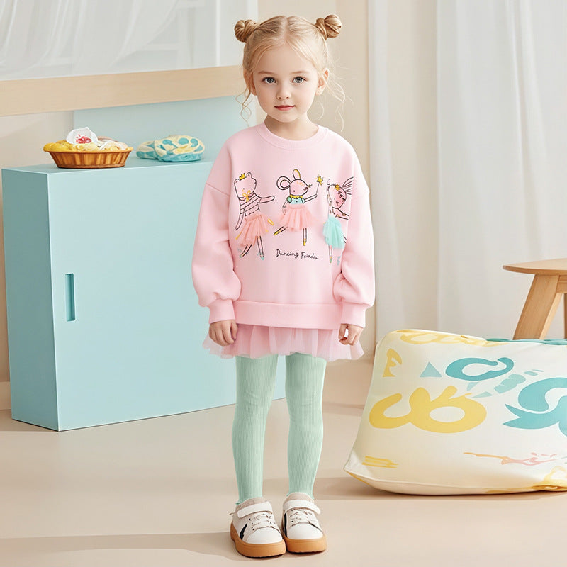 Winter and Autumn Girls Animals Cartoon Pattern Long Sleeves Tulle Decorated Sweatshirt and Plain Pants Clothing Set-1