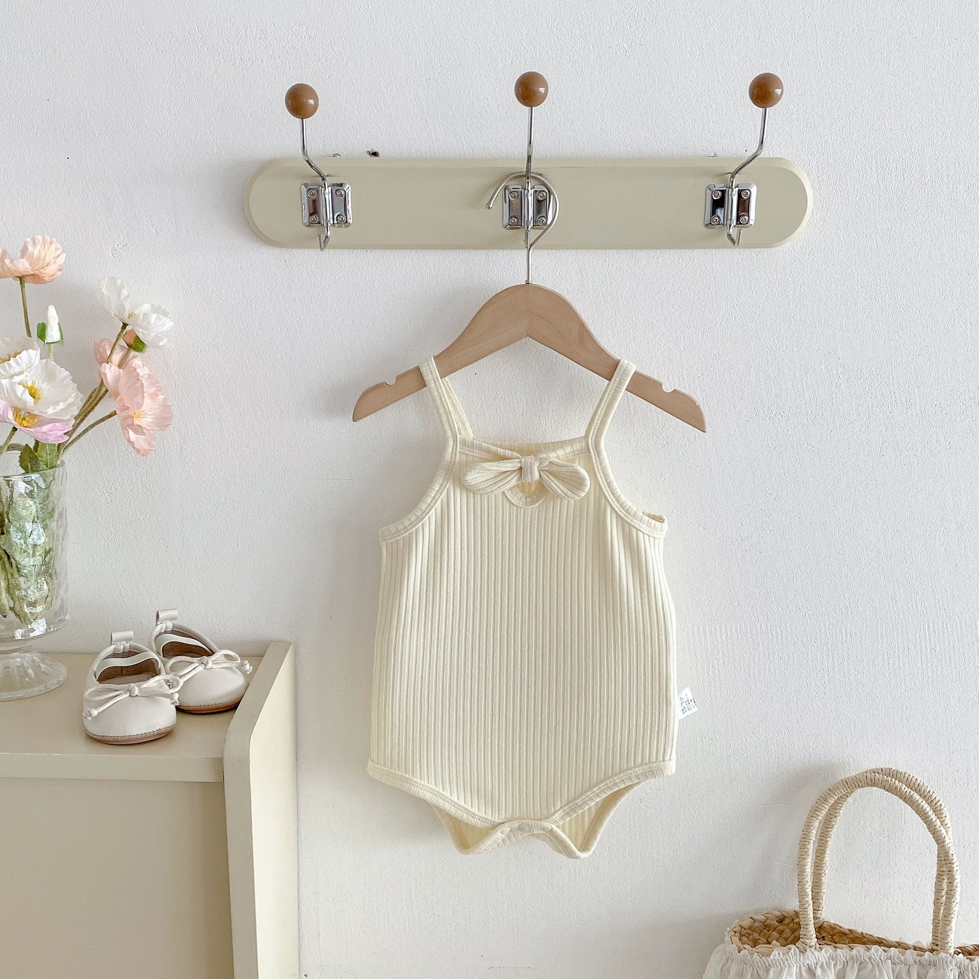 Summer Arrival Baby Girls Solid Color Butterfly-bow Decorated Strap Onesies-0