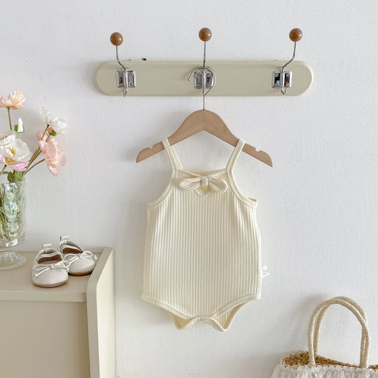 Summer Arrival Baby Girls Solid Color Butterfly-bow Decorated Strap Onesies-0