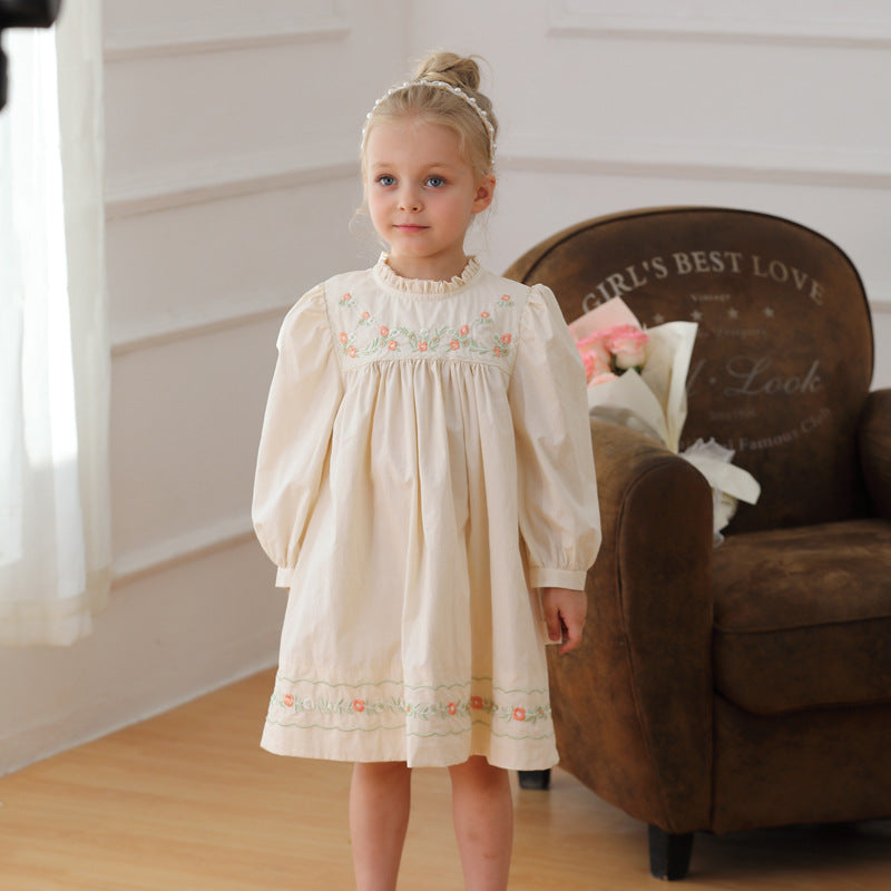 Arrival Autumn Girls Ruffle Neck Long Sleeves Flowers Embroidery Dress-0