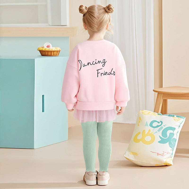 Winter and Autumn Girls Animals Cartoon Pattern Long Sleeves Tulle Decorated Sweatshirt and Plain Pants Clothing Set-3