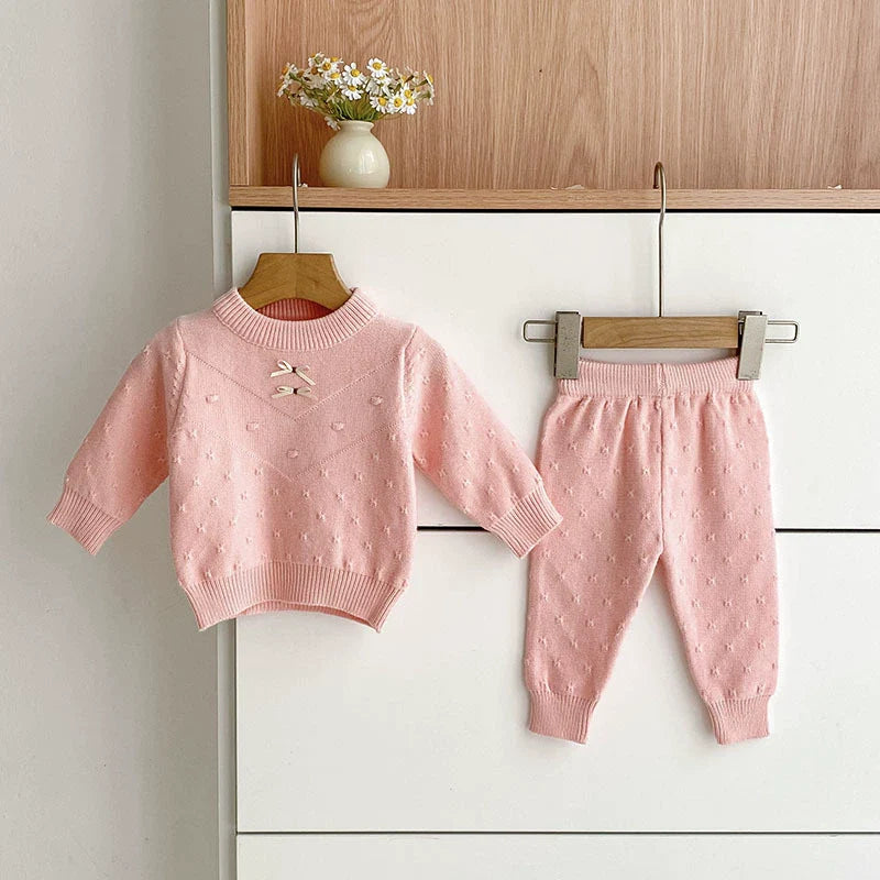 Arrival Autumn Baby Unisex Long Sleeves Solid Color Jacquard Pattern Knitted Top Sweater and Long Trousers Clothing Set-2