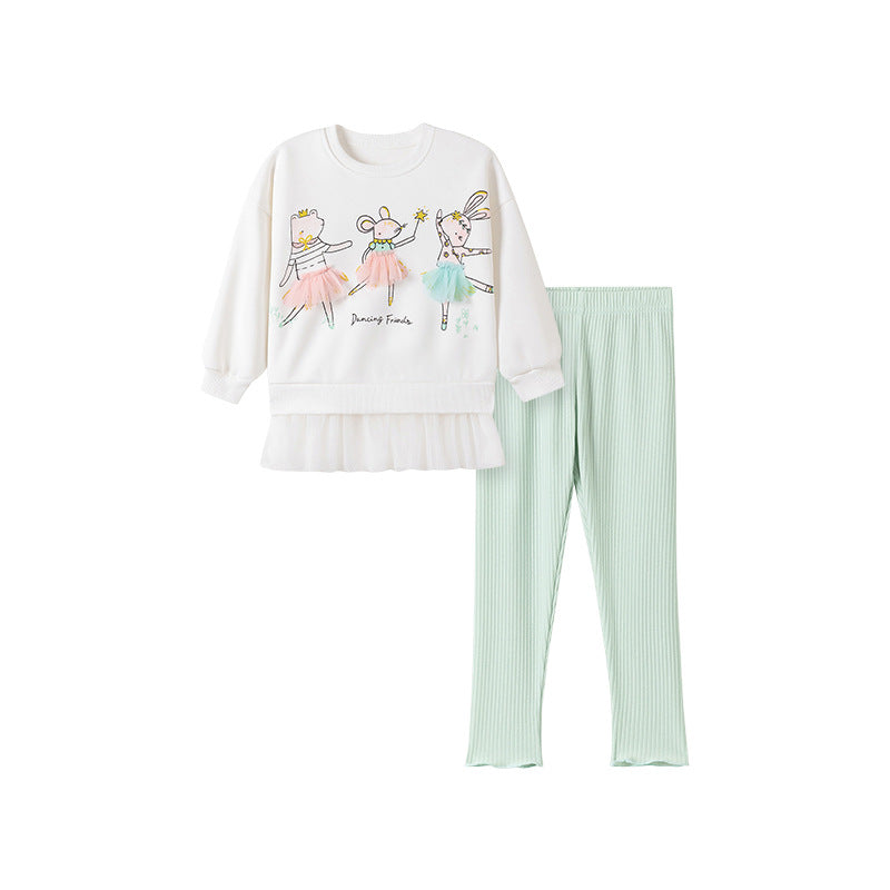 Winter and Autumn Girls Animals Cartoon Pattern Long Sleeves Tulle Decorated Sweatshirt and Plain Pants Clothing Set-4