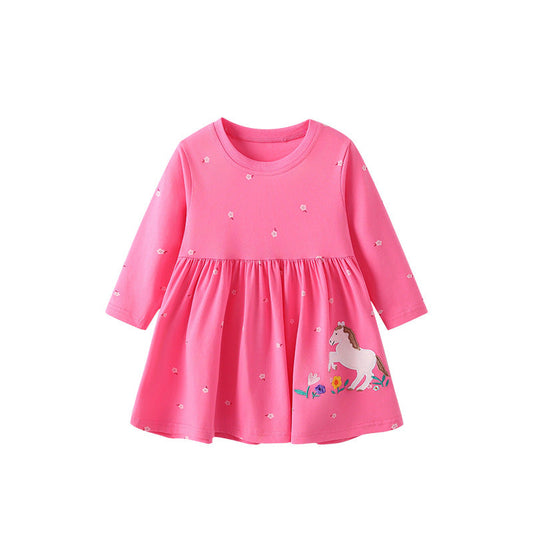 Autumn Arrival Baby Kids Girls Floral and Horse Pattern Long Sleeves Crew Neck Dress-0