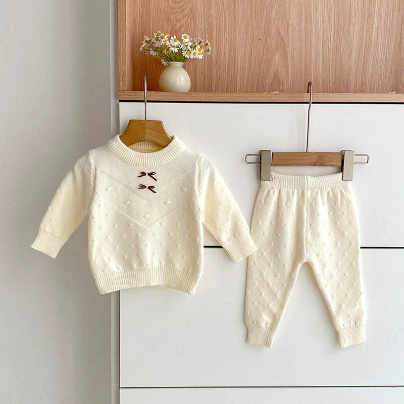 Arrival Autumn Baby Unisex Long Sleeves Solid Color Jacquard Pattern Knitted Top Sweater and Long Trousers Clothing Set-1
