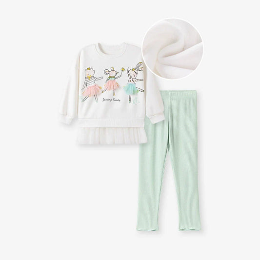 Winter and Autumn Girls Animals Cartoon Pattern Long Sleeves Tulle Decorated Sweatshirt and Plain Pants Clothing Set-0