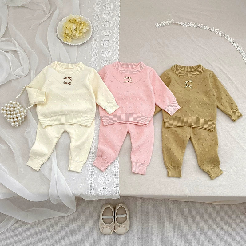Arrival Autumn Baby Unisex Long Sleeves Solid Color Jacquard Pattern Knitted Top Sweater and Long Trousers Clothing Set-0