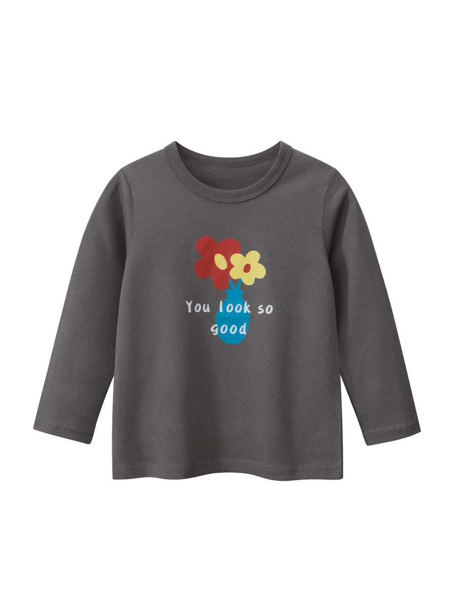 Autumn Arrival Kids Girls Flowers Cartoon and Letters Print Crew Neck Long Sleeves Pullover Sweatshirt-0