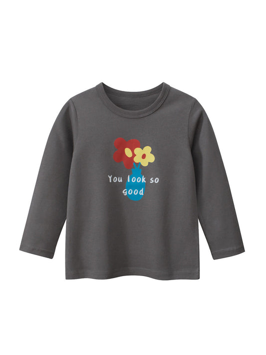 Autumn Arrival Kids Girls Flowers Cartoon and Letters Print Crew Neck Long Sleeves Pullover Sweatshirt-0