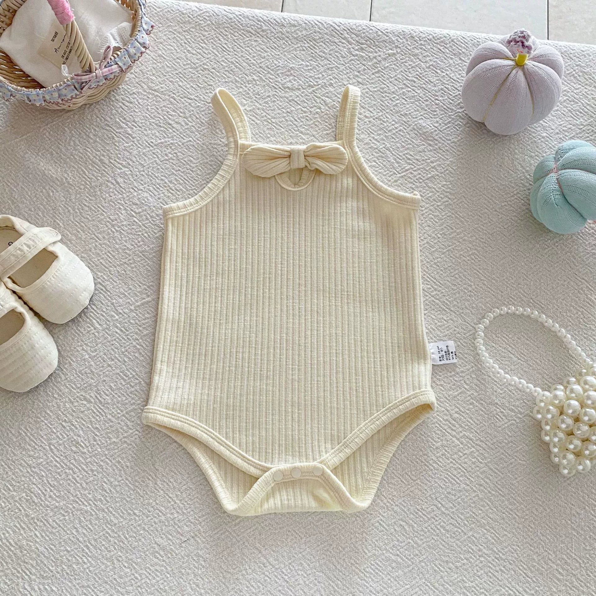 Summer Arrival Baby Girls Solid Color Butterfly-bow Decorated Strap Onesies-1